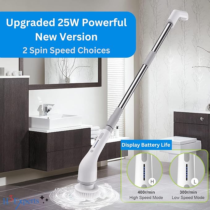 Electric Spin Scrubber 8-in-1 with MOP Clip - Adjustable Extension Arm & 8 Replaceable Brushes - Cordless Cleaning Power Shower Grout Scrubber for Kitchen, Bathroom, Tub, Tile, Floor
