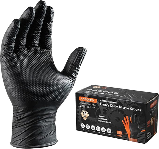 Heavy Duty 10 Mil Nitrile Disposable Gloves with Raised Diamond Texture, Latex-Free, Powder-Free, Extra Strong, Chemical Resistant, Durable for Mechanics, Industrial Work, Auto Repair, Large