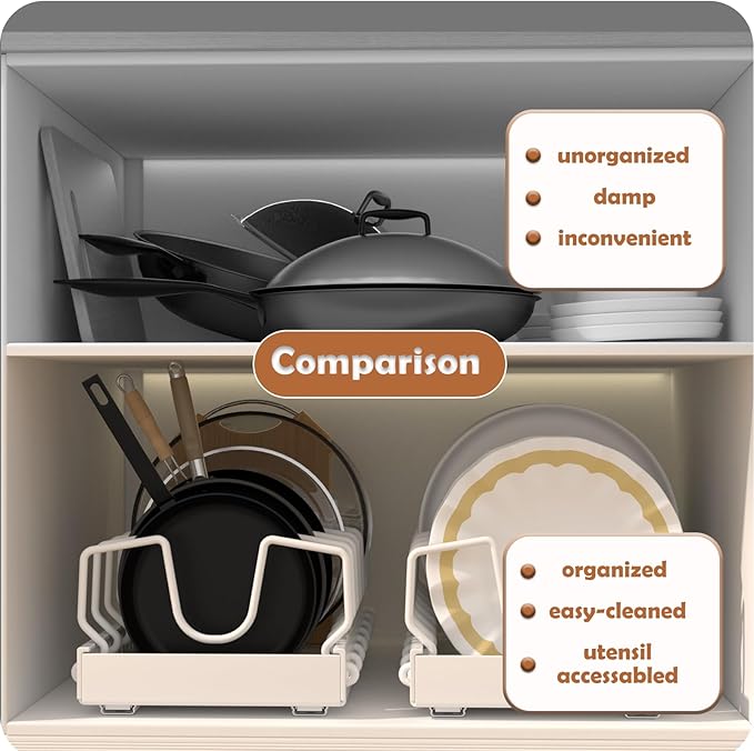 Pots and Pans Organizer Under Cabinet, Sliding Lid Holder and Pan Rack in Kitchen, Slide Out inside Cabinet Storage for Pot Lid, Bakeware, Dishes, 8 Adjustable Dividers, 2 Pack White