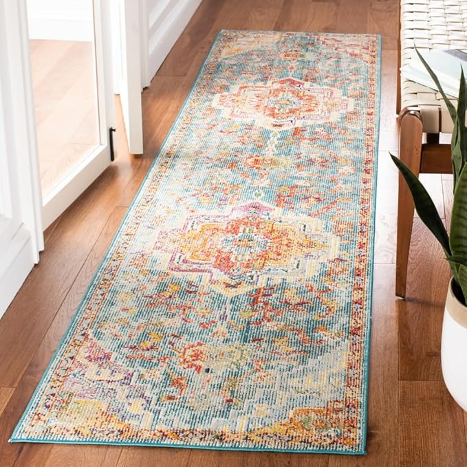 SAFAVIEH Crystal Collection Runner Rug - 2'2" x 21', Orange & Teal, Medallion Distressed Design, Non-Shedding & Easy Care, Ideal for High Traffic Areas in Living Room, Bedroom (CRS501K)