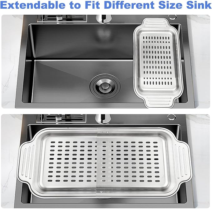 Extendable Over the Sink Colander 13.5-17 in, 304 Stainless Steel Basket for Kitchen– Rust-resistant, Dishwasher Safe for Apartment/RV/Camper, Space-Saving Veggie & Pasta Drainer