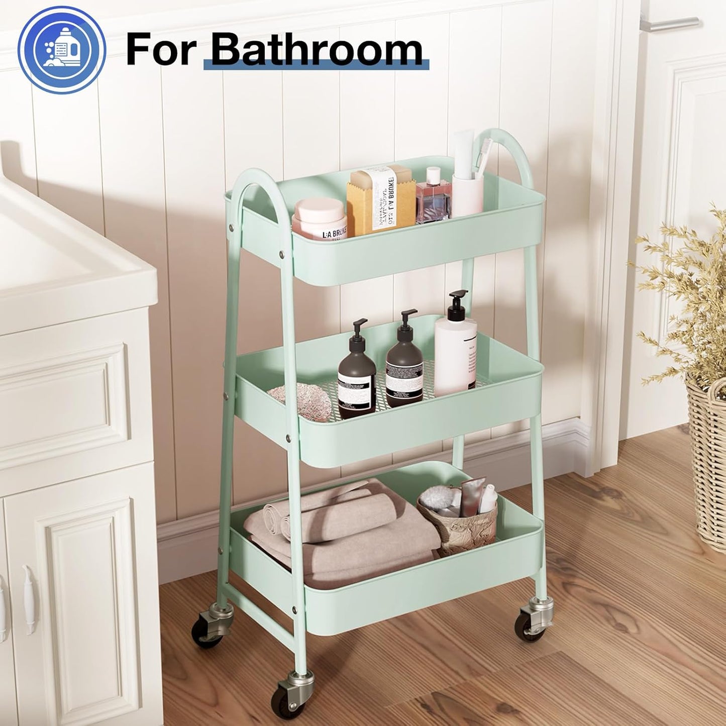 3-Tier Metal Rolling Storage Cart with Lockable Wheels – Mesh Utility Cart for Bathroom, Kitchen & Living Room (Pale Green)