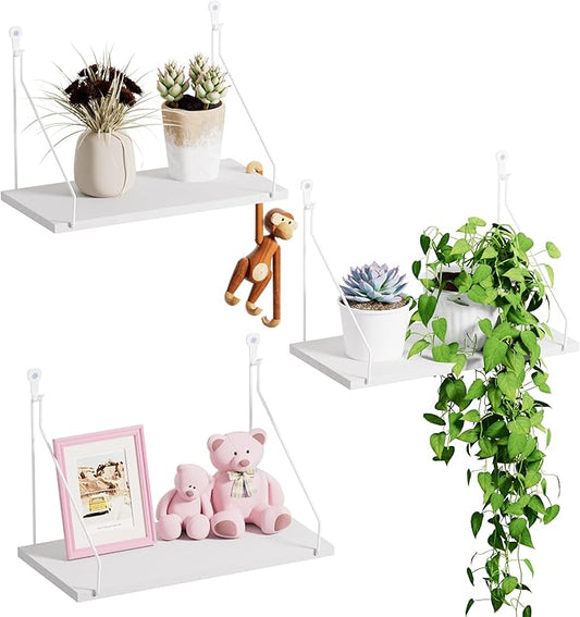 Elevate Your Space with Rustic Wood Floating Shelves Set of 3- Perfect for Bedroom, Living Room, Bathroom, and Kitchen Decor - Easy Installation, No Drilling Needed! White