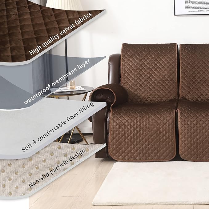 LUFEIJIASHI Non Slip Recliner Sofa Covers,Velvet Waterproof Recliner Couch Covers for 2 seat,Washable Reclining Couch Cover Furniture Protector for Dogs,Pets (Brown, 2 Seater)