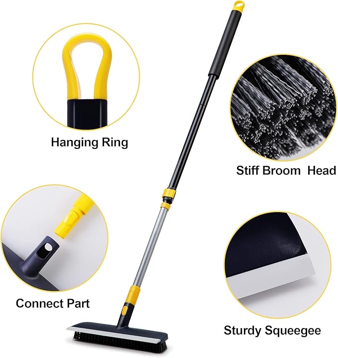 Yocada Floor Squeegee Scrubber and Floor Scrub Brush Set Telescopic Handle for Garage Courtyard Shower Bathroom Pet Hair Fur Floor Marble Glass Tile Water Foam Cleaning