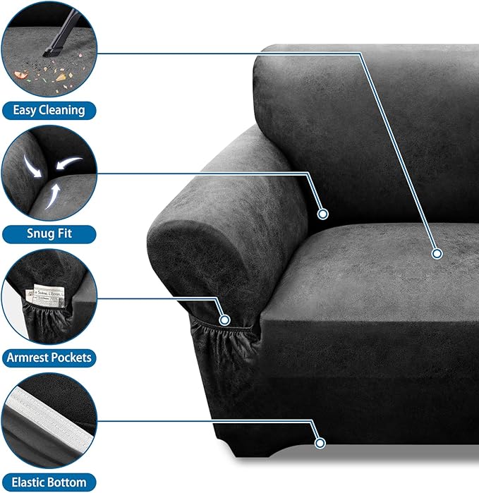 Oversized Sofa Slipcover Leather Look Couch Cover for 4 Seater Sofa 1-Piece Sofa Cover Stretch Furniture Protector with Elastic Bottom & Pockets(XL Sofa, Dark Grey)