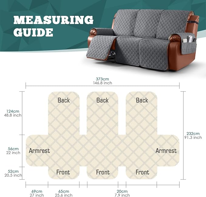 Ruaozz Waterproof Recliner Couch Covers, Sofa Slipcovers Washable 1-Piece Reclining Sofa Covers Non-Slip Furniture Protector with Elastic Straps Pocket for Kids Pets (Dark Grey, 3 Seater)
