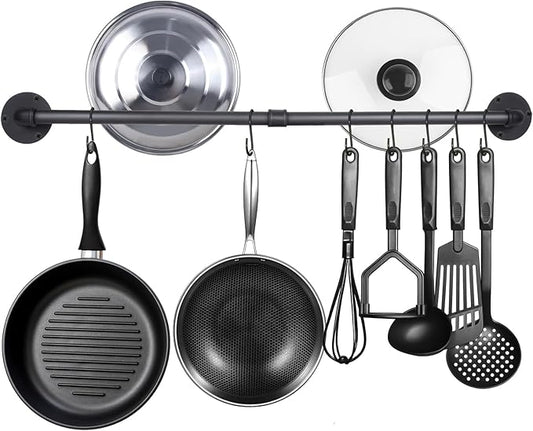 Aduanbang 37.8-Inch Wall-Mounted Pot Bar Rack, Detachable Kitchen Hanger for Pans, Lids & Utensils, Includes 14 S Hooks, Black