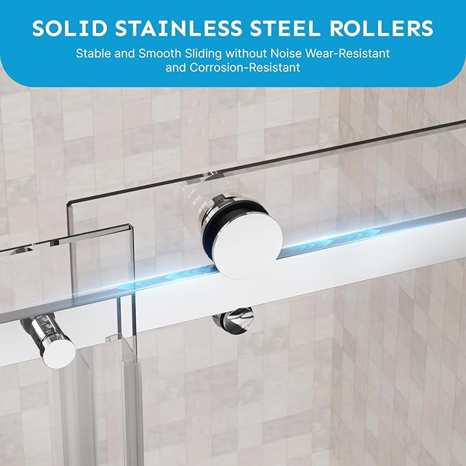 48" x 72" Frameless Sliding Shower Door, (1/4") Tempered Glass, Heavy-Duty 304 Stainless Steel Hardware, Adjustable 46-48" Width, Silent φ40 Rollers & 6" Handle, No-Leak F-Type/Bubble Seals