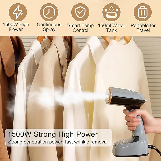 Powerful Handheld Clothing Steamer, 1500W Foldable Portable Clothing Wrinkle Remover, 15S Preheating, 20g/Min Strong Penetration Steam, 5.9ft Rope, Essential for Home, Travel & Office (Grey)