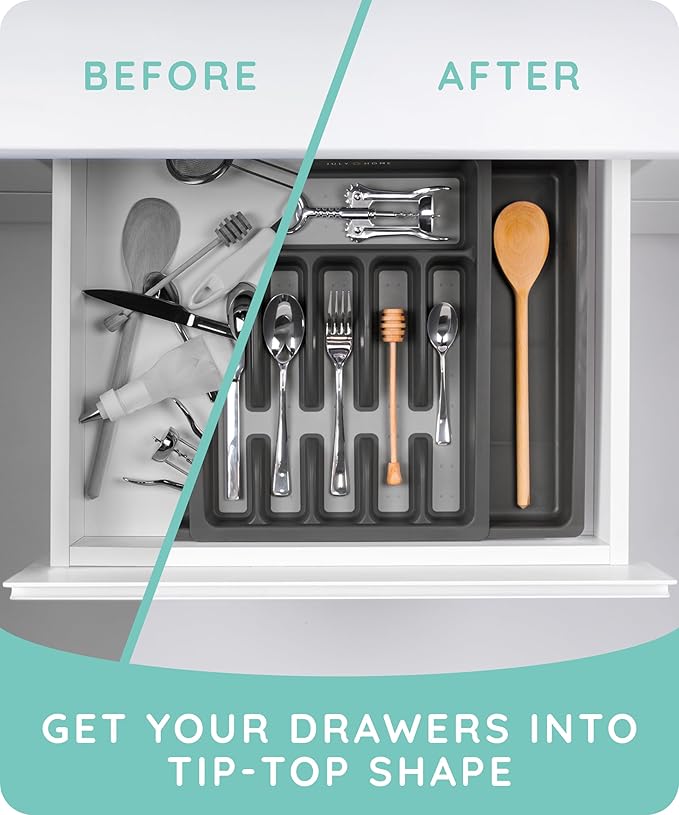 JULY HOME Expandable Kitchen Drawer Organizer - Plastic Flatware Utensil Holder Cutlery Tray Multipurpose Organizer,Tip-Out Trays