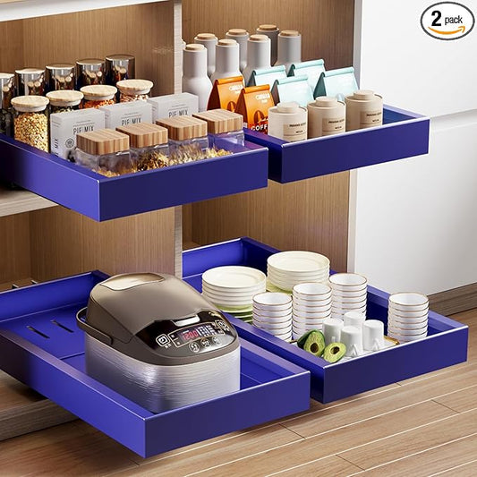 2 Pack Pull Out Cabinet Organizer,21.8" Deep Slide Out Drawer for Cabinets Adhesive Pull Out Drawers Heavy Duty Pull Out Shelves for Kitchen,Cupboard,Pantry,Bathroom-Blue