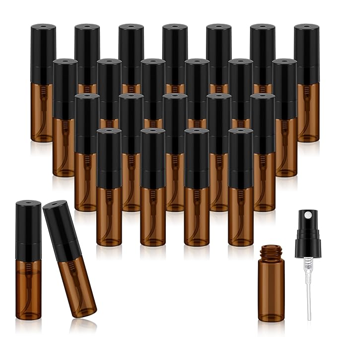 Zhehao 25 Pcs Mini Spray Bottles 3 ml Clear Glass Perfume Bottles Refillable Fine Mist Perfume Atomizer Portable Empty Sample Containers for Cleaning, Essential Oils, Travel (Amber)