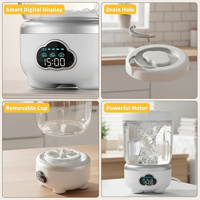 Portable Washing Machine, 6000mAh Underwear Washing Machine, 1.6L Cordless Mini Washer, 3 Cleaning Modes Laundry Machine, Built-in Storage Design for Apartment, Hotel, Dorm, RV, Home (White)