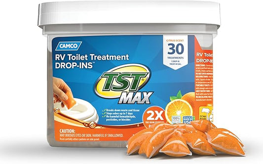 Camco TST MAX RV Toilet Treatment Drop-INs - Control Unwanted Odors & Break Down Waste and Tissue - Safe Septic Tank Treatment - Orange Scent, 30-Pack (41183)