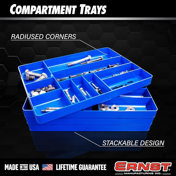 Ernst MFG 10 Compartment Drawer Organizer: Heavy Duty Stackable Tray for Automotive Tool Organization -Low Profile Toolbox - Nuts and Bolts, Tools, Parts, Easy to Clean - Black - Made in the USA