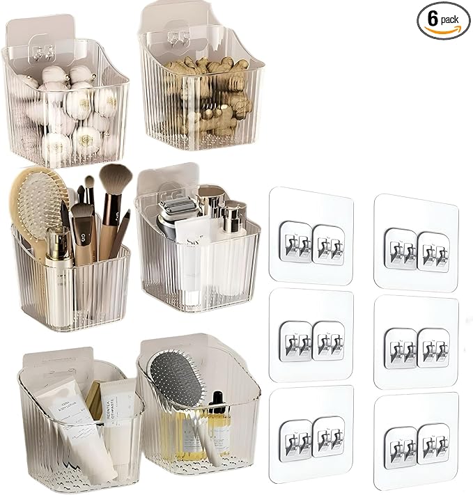 6Pack small Wall Mount Organizer, Adhesive Cabinet Door Storage Bins, Clear Makeup Container, Stackable Organizer Basket for Kitchen, Bathroom, Cabinet, Pantry, Office，Refrigerator Small Items storage