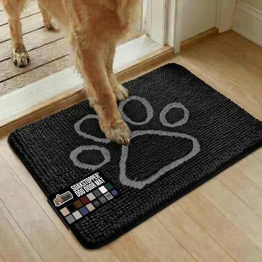 GORILLA GRIP SoakSTOPPER Dog Door Mat, 30x20 Machine Washable Rug Absorbent Doormat Captures Moisture Mud Dirt, Quick Dry Soft Chenille Entryway Rugs Indoor Entrance Mats for Dog Paws, Black White