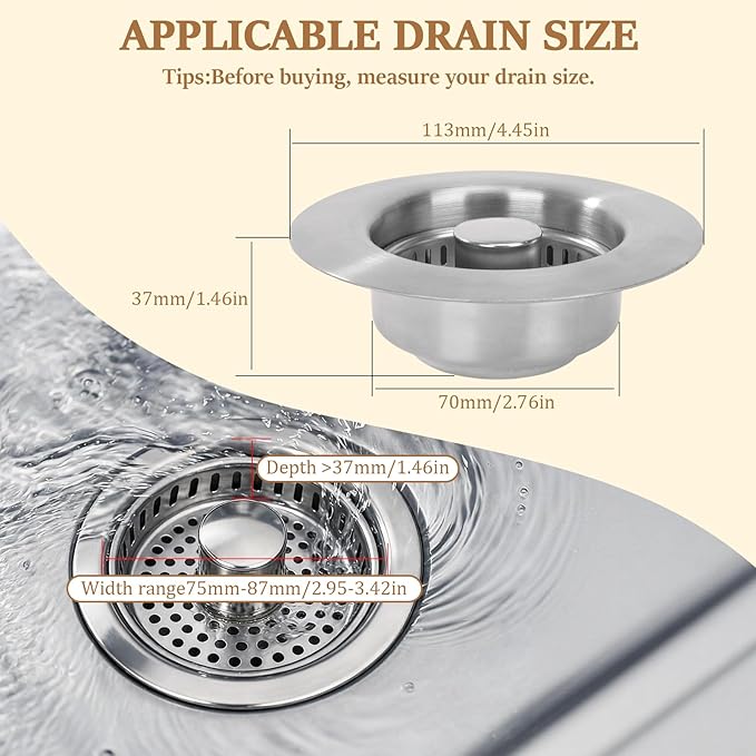 3-in-1 Kitchen Sink Drain Strainer - Pop Up Sink Stopper with Anti-Clogging Basket, Kitchen Gadgets Clearance Sink Accessories, Fits Standard 3-1/2” Openings for Double Bowl Kitchen Sinks