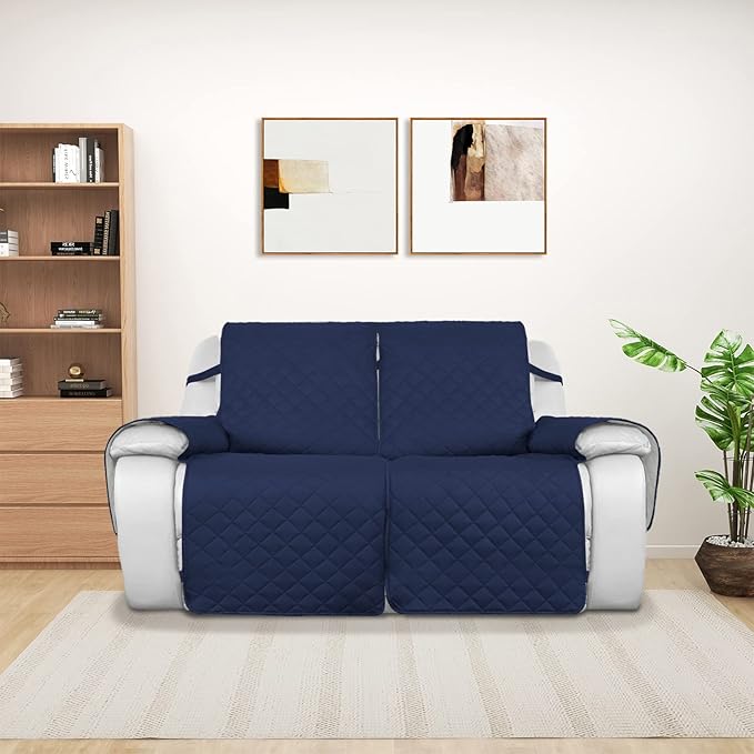 PureFit Water Resistant Reversible Sofa Covers for Reclining Sofa 2 Seat - Non Slip Split Recliner Couch Cover for Double Recliner, Washable Furniture Protector for Kids, Dogs (2 Seat, Navy/Ivory)