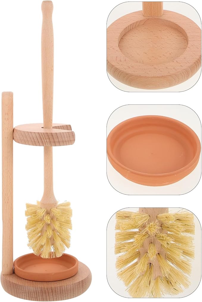 Ceramic Toilet Brush and Holder Set with Strong Bristles Sisal Fiber Handle Beech Wood Base for Household Bathroom Cleaning Sturdy Toilet Scrubber