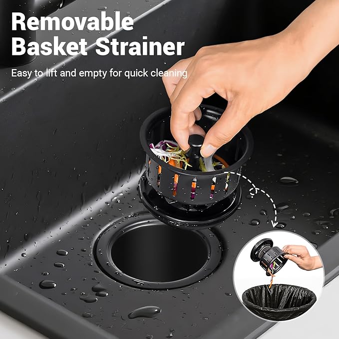 Kitchen Extended Garbage Disposal Flange Strainer Stainless Steel Flange Kit with Basket Strainer and Drain Stopper for 3 1/2 Inch Standard Sink Drain, Deep Sink Flange for Disposer, Black Brushed