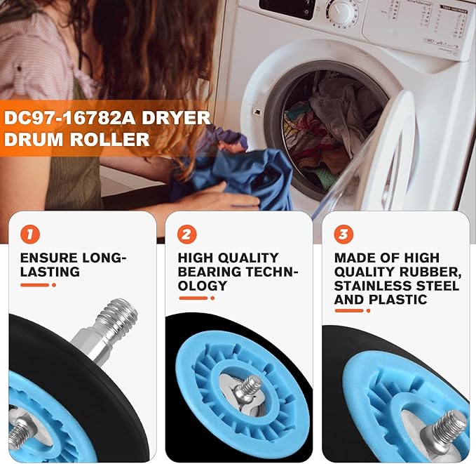 (𝟐𝟎𝟐𝟔 𝙐𝙥𝙜𝙧𝙖𝙙𝙚𝙙) DC97-16782A Dryer Drum Roller with Update Bearings by Beaquicy - DC97-16782E Replacement for Samsung Dryer-Replaces DC97-07523A PS4221885 AP5325135 - Pack of 4