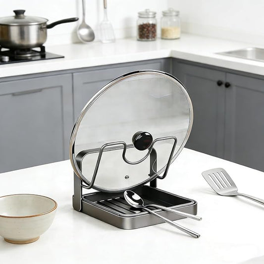 304 Stainless Steel Kitchen Pot Lid Storage Rack, Pot Lid Holder while Cooking, Pot Lid Organizer with Removable Tray & Spoon Rest,Waterproof & Rustproof(Grey, 1 Layer)