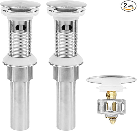 Bathroom Sink Drain,2 Pack Drain Stopper with Overflow,Pop Up Drain Assembly with Detachable Strainer Basket,Built-in Anti-Clogging, Stainless Steel Nut Brushed Nickel