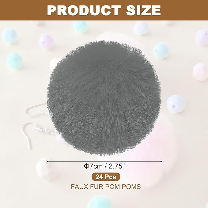 PATIKIL Faux Fur Pom Poms for Hats, 24 Pcs Fluffy Soft Fur Poms Balls with Elastic Loop for Keychain Knitting Hats DIY Scarves Gloves Bag Christmas, Gray