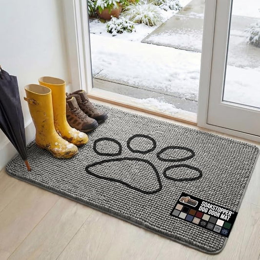 GORILLA GRIP SoakSTOPPER Dog Door Mat, 48x30 Machine Washable Rug Absorbent Doormat Captures Moisture Mud Dirt, Quick Dry Soft Chenille Entryway Rugs Indoor Entrance Mats for Dog Paws, Paw Grey