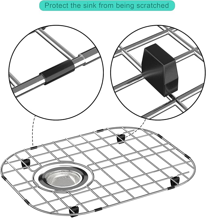 SANNO Sink Protector Grid for Kitchen Sink, 14.57" L X 11.22" W Bottom Grid with Rear Drain Hole, Single Bowl Sink Rack, Stainless Steel 1 Pack