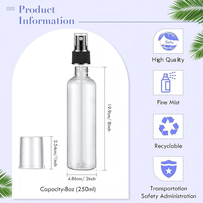 Eccliy 64 Pcs 8 oz Spray Bottles Fine Mist Cleaning Bottles Clear Empty Plastic Travel Sprayer Refillable Sprayer with Cap for Cleaning Solutions Oils Travel Perfumes(Black)