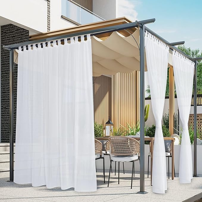 NICETOWN 2 Panels Outdoor Sheer Curtains for Pergola Waterproof, Lightweight Detachable Sticky Tab Top Voile Panels Elgant with Light Filtering for Gazebo/Patio, W100 x L96, White