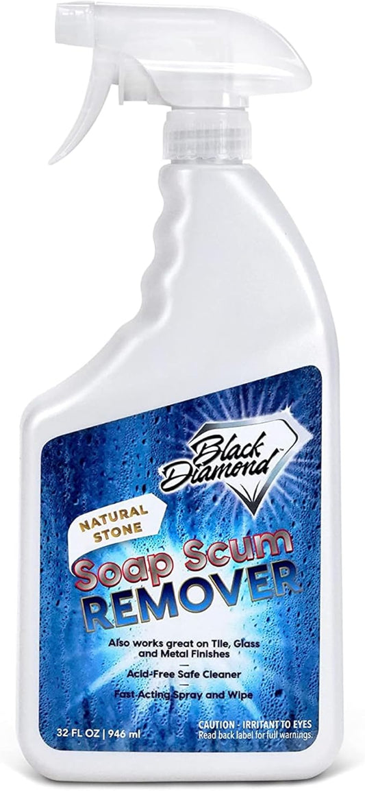 Black Diamond Stoneworks Natural Stone Shower Soap Scum Remover Spray. For Cleaning Bathtubs, Glass Doors, Tubs, Travertine, Marble, Tile. Heavy Duty, Safe Acid-Free Cleaner. Safe for fixtures.