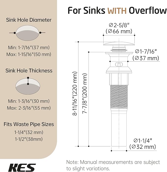 KES Bathroom Sink Drain Stopper with Overflow, Pop Up Drain with Detachable Hair Catcher for Lavatory Vanity Vessel Sink, Brushed Nickel 2 Pack, All Metal Rustproof 304 Stainless Steel, S2013A-BN-P2