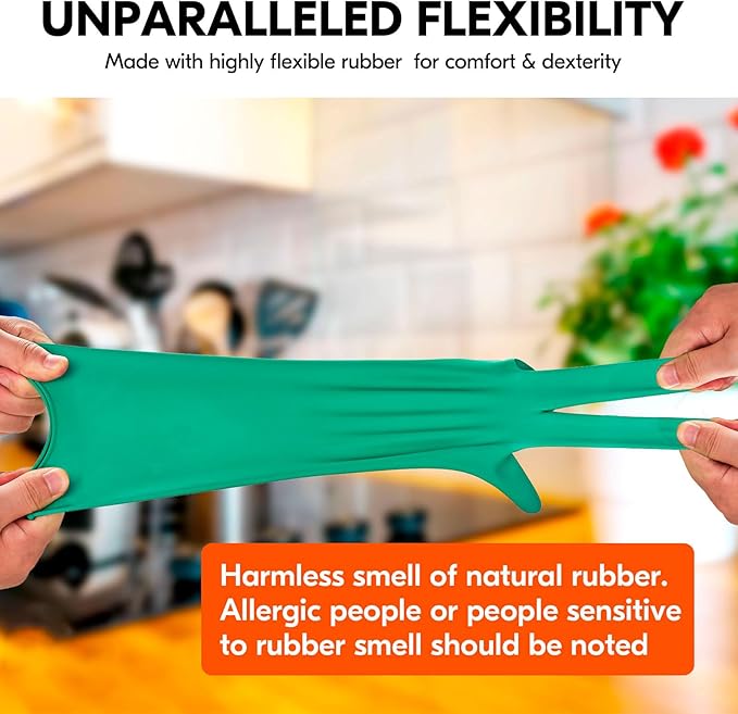 Vgo... 5-Pairs Reusable Household Gloves, Rubber Dishwashing gloves, Extra Thickness, Long Sleeves, Kitchen Cleaning, Working, Painting, Gardening, Pet Care (Size L, Green, HH4601)
