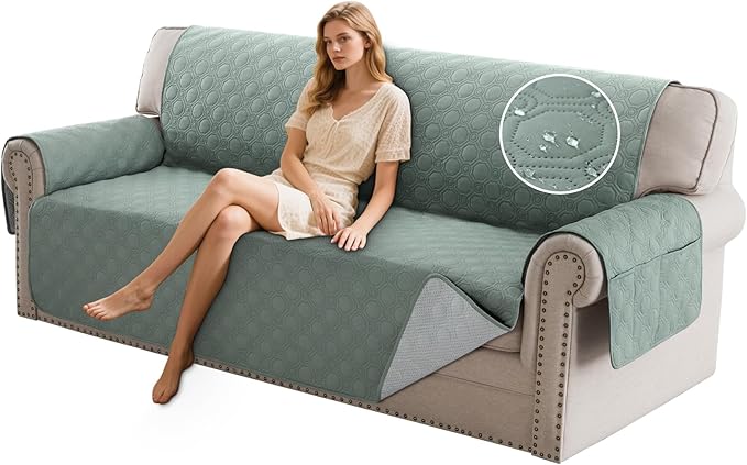 PrinceDeco Waterproof Sofa Cover Diamond Quilted Couch Cover 3 Cushion Sofa Couch Cover for Dogs Furniture Protector Cover with Elastic Straps for Pet Cat(Sofa,Lily Pad)