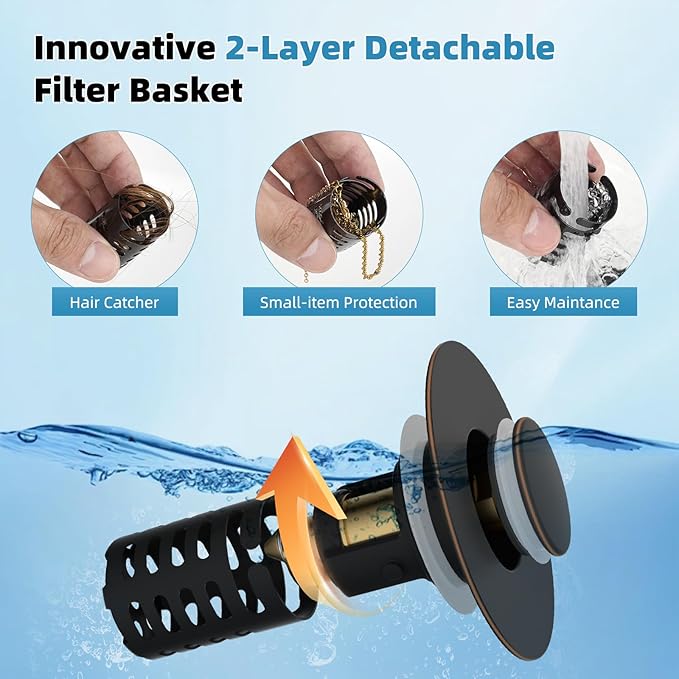 Universal Metal Bathroom Sink Drain Strainer Hair Catcher Upgraded 3 in 1 Pop-up Sink Stopper, with Detachable Stainless Steel Filter Basket, Fit Standard 1.1''~2.36'' Basin Hole, Oil Rubbed Bronze
