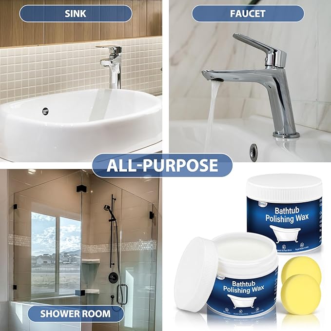 2 Pack Bathtub Polishing Wax 7 oz Per Bottle with Two Sponges Wall and Tub Stain Cleaner Wax for Porcelain Fiberglass Tubs Removes Watermark Scum Repellent