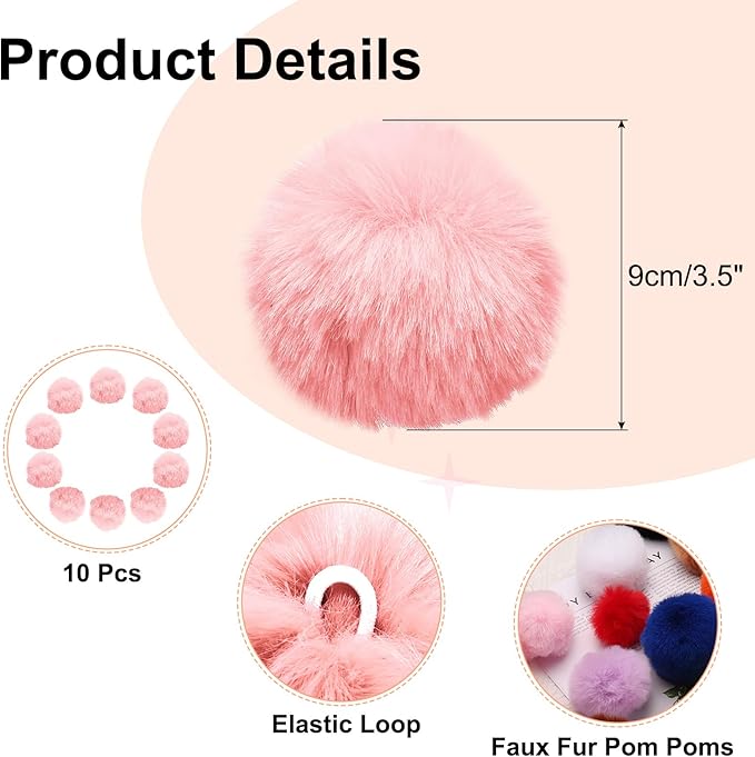 uxcell 3.5 Inch Faux Fur Pom Pom Balls, 10 Pcs Piggy Pink Fluffy Soft Faux Fur Pom Poms for Hats with Elastic Loop for DIY Knitting Hats Keychain Scarves Gloves Bags Shoes Accessories
