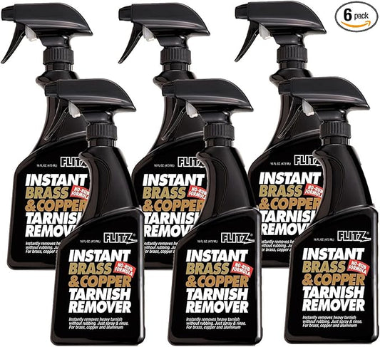 Flitz Instant Brass and Copper Tarnish Remover - 16oz Bottle of USA-Made Organic Rust Remover Spray (No-Rub) - Removes Stains & Oxidation from Glass & Aluminum - Brass Cleaners That Work (6 Pack)