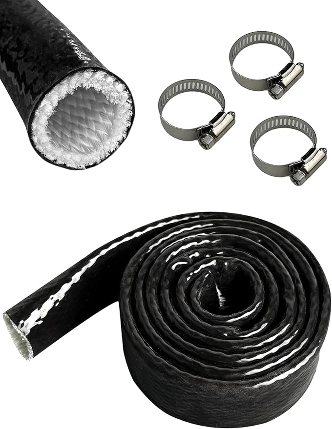 YAMAKATO 3/4" ID Heat Shielded Fire Thermo Armor Fire Sleeve Silicone Coated Fiberglass Heat Protection w/ 3 Clamps for Automotive Hose Lines & Electrical Wiring (Black, 5FT