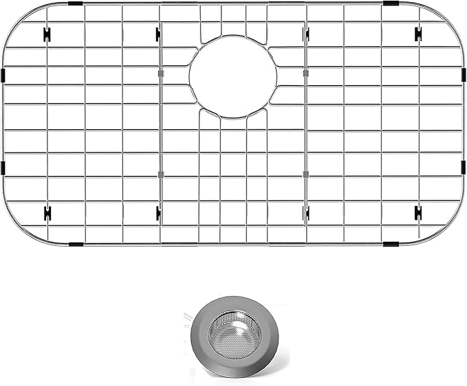 Stainless Steel Sink Protector 26"x14" with Rear Drain, Metal Sink Rack for Bottom of Sink, Kitchen Sink Grate and Sink Protectors with Sink Strainer (26" x 14" - Rear Drain)