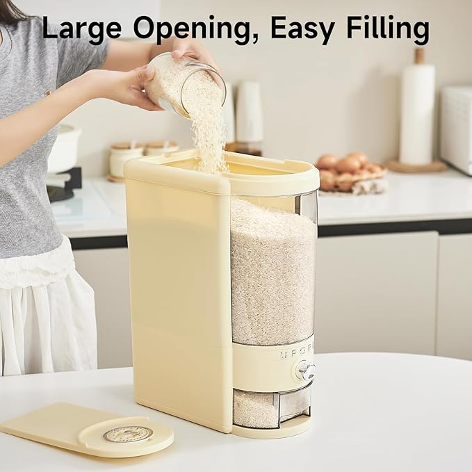 Rice Dispenser 20 lbs | Large Rice Storage Container for Kitchen&Pantry - Space-saving, Moisture & Pest-proof, BPA-Free - Dry Food Dispenser with One-Touch Dispenser & Measuring Cup for Families