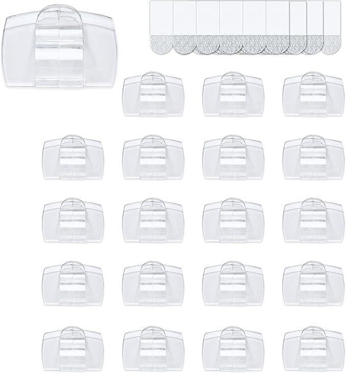 20 Large Clear Plastic Clips with Adhesive Strips, Damage-Free Wall Hooks for Hanging, Removable Cable Clips for Electrical Cables