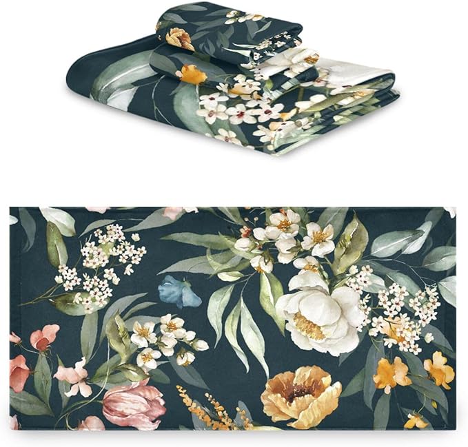 Orange White Floral Bath Towel Set - 3 Piece Vintage Green Leave Flower Set (1 Bath, 1 Hand, 1 Washcloth) - Absorbent Decorative Bathroom Towels for Fingertip, Hair, Face