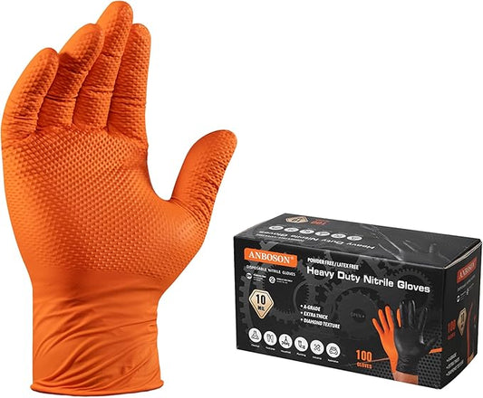 Heavy Duty 10 Mil Nitrile Disposable Gloves with Raised Diamond Texture, Latex-Free, Powder-Free, Extra Strong, Chemical Resistant, Durable for Mechanics, Industrial Work, Auto Repair, Large
