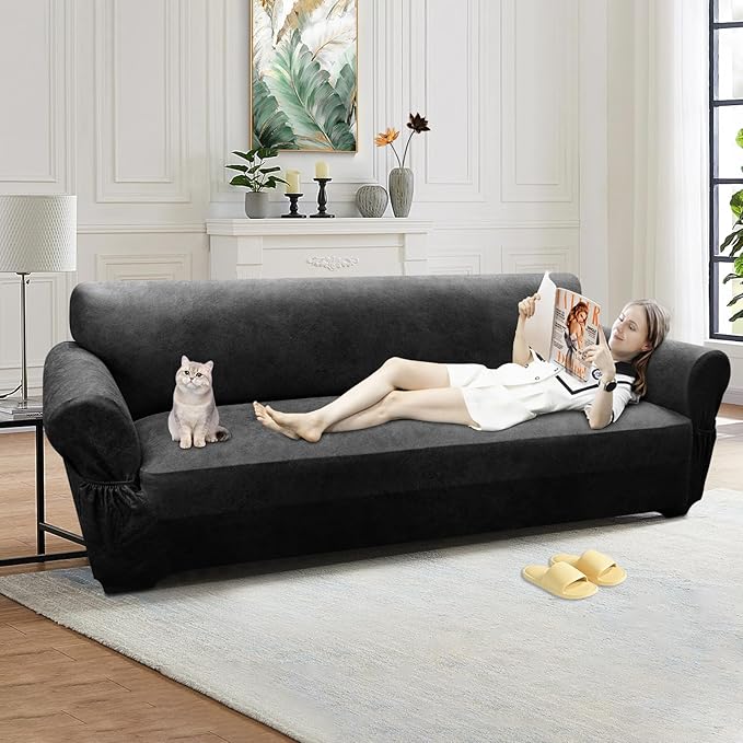Oversized Sofa Slipcover Leather Look Couch Cover for 4 Seater Sofa 1-Piece Sofa Cover Stretch Furniture Protector with Elastic Bottom & Pockets(XL Sofa, Dark Grey)