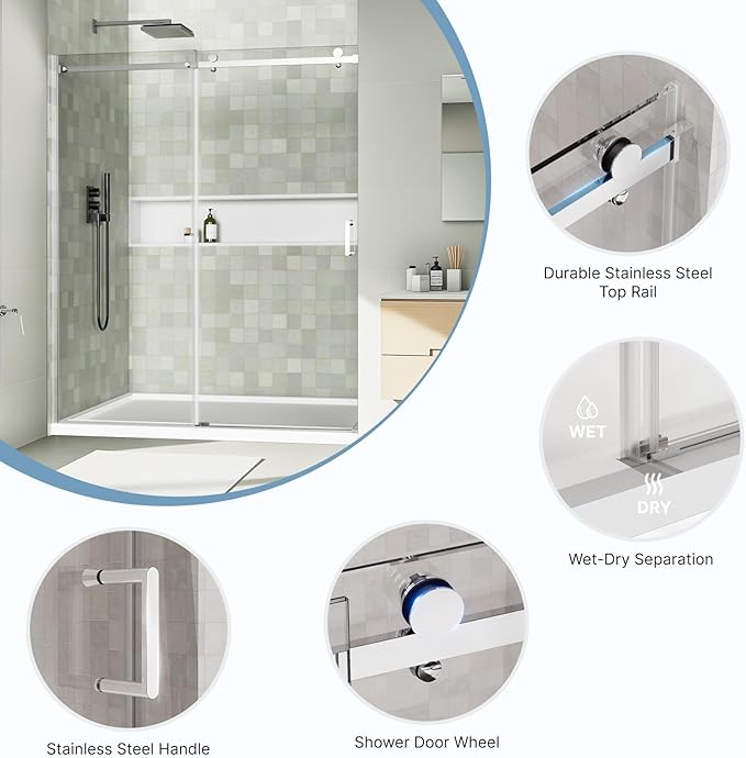 48" x 72" Frameless Sliding Shower Door, (1/4") Tempered Glass, Heavy-Duty 304 Stainless Steel Hardware, Adjustable 46-48" Width, Silent φ40 Rollers & 6" Handle, No-Leak F-Type/Bubble Seals